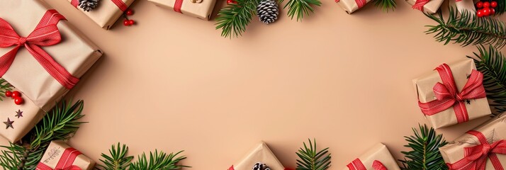 Wall Mural - A Christmas tree with a bunch of presents and pine cones