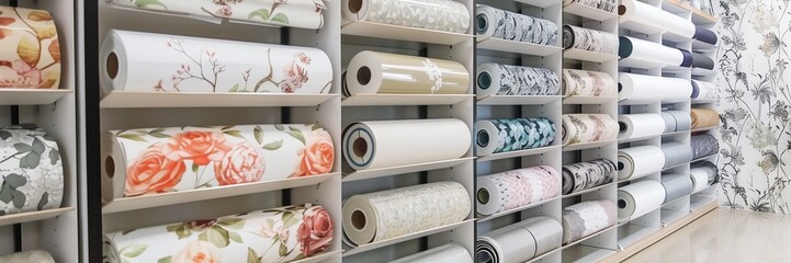 A store with many rolls of wallpaper on display