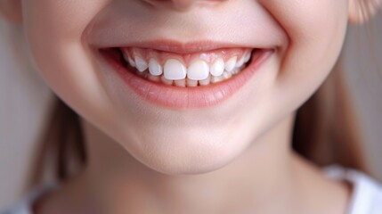 Wall Mural - perfect kids smile close up, happy little girl with beautiful white milk tooth, child dental care and stomatology, dentistry