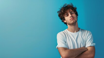 Wall Mural - Portrait of an unhappy young man , blue color background, with copy space