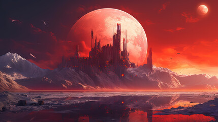 Poster - Space landscape on alien planet with mountains and sun in the style of 80s sci-fi book art.
