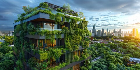 Wall Mural - Modern building with lush vertical gardens in a green urban landscape at sunset