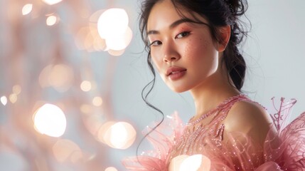 Wall Mural - Stylish young fashionable Asian woman in a stunning pink dress, trendy makeup with light shining through a slit on her, posing