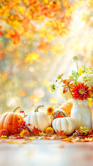 Wall Mural - Autumn Harvest Scene with Pumpkins, Flowers, and Sunlight in a Beautifully Lit Garden