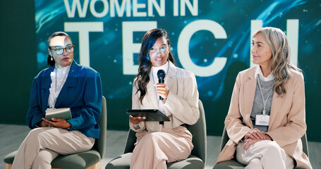 Poster - Stage, seminar and woman with tablet, group and motivation for gender equality, leadership and speech. Mic, online and presentation for female employees in technology, talking and speaker with people