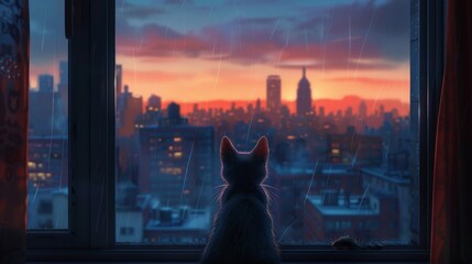 The back of a lonely cat looking at the cityscape at dusk through a window