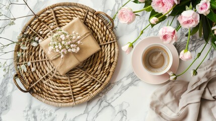 Top view wicker tray with gift box, flowers, coffee cup on marble table, with copy space