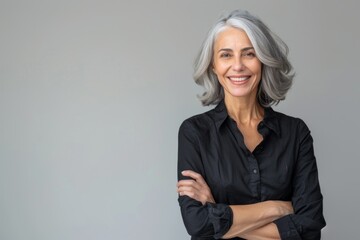Portrait of a confident mature woman with gray hair smiling and crossing her arms, showcasing positivity and elegance. Generated AI