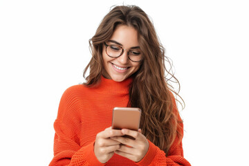 Young woman with glasses wearing an orange sweater, happily using her smartphone and smiling. Generated AI