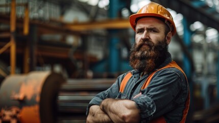 Wall Mural - waist up portrait of bearded factory worker wearing hardhat looking at camera while standing in work