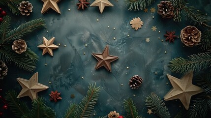 Poster - Festive layout with space for text viewed from above Holiday greeting card design featuring wooden stars and pine trees