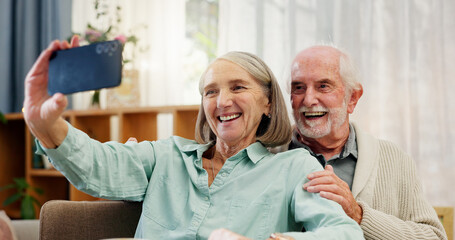 Poster - Senior couple, smile and selfie on sofa for bonding, happy memory and online digital storage in nursing home. Elderly man, woman and profile picture together with support, social media and retirement