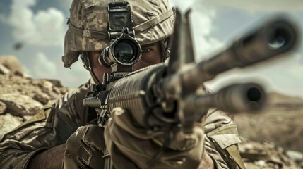 soldier wearing gasmask in a war zone.