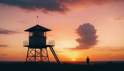 Poster - silhouette of a soldier standing guard next to a watchtower, dramatic sunset view
