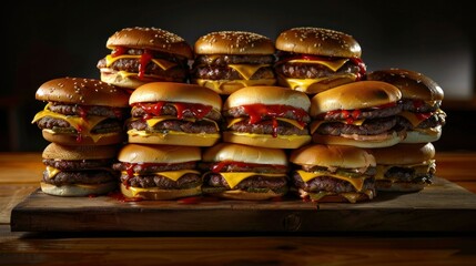 stack of delicious fast food burgers featuring