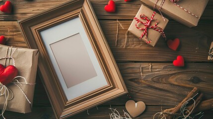 Sticker - Concept of still life and Valentine s Day decor with frame gift box on wooden backdrop