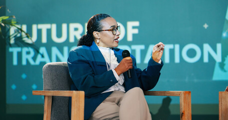 Aufkleber - Conference, woman and speaker on stage for talk, speech or discussion with workshop host. Panel, mic and expert at seminar event for presentation on transport, sustainability or renewable energy