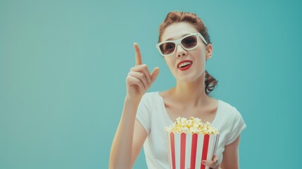 Wall Mural - Young cool woman she wears white top shirt casual clothes 3d glasses watch movie film hold bucket of popcorn in cinema point finger