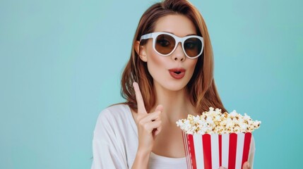 Wall Mural - Young cool woman she wears white top shirt casual clothes 3d glasses watch movie film hold bucket of popcorn in cinema point finger