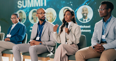 Aufkleber - Seminar, presentation and group of business people on stage for coaching expert, event and convention in auditorium. Leadership, summit and speaker panel for networking workshop, tradeshow or speech