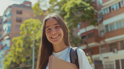 Wall Mural - Young latin student girl smiling happy holding folder at the city