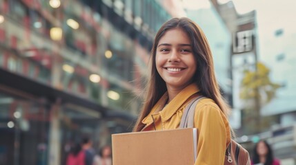 Wall Mural - Young latin student girl smiling happy holding folder at the city