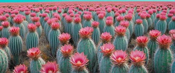 Wall Mural - Pink Cactus Garden: A Surreal Summer Oasis in Turquoise Tones