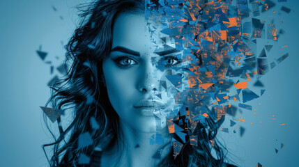 Poster - A woman's face is fragmented with blue and orange pieces scattered around her