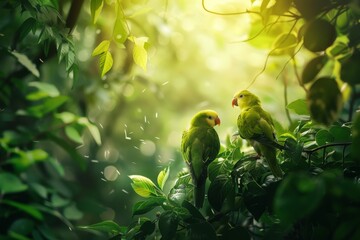 Wall Mural - Two vibrant green parrots are seated on top of a tree branch in a lush green forest, Birds chirping in a lush green forest