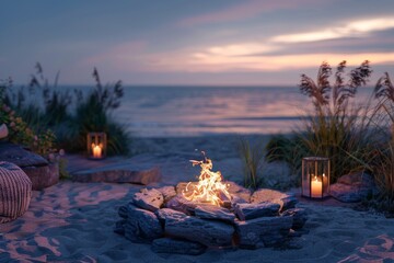 Poster - Campfire on the Beach at Sunset