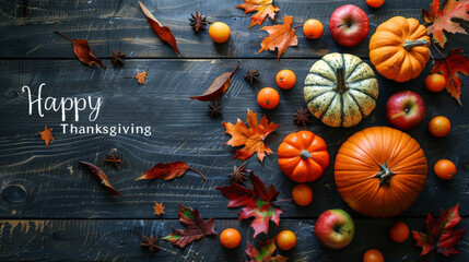 Poster - happy thanksgiving card, Pumpkins, apples, and fall leaves arranged on a dark wooden surface