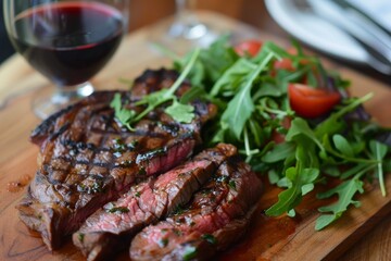 Poster - A blade steak and salad are displayed on a cutting board, accompanied by a glass of wine, Blade steak with a red wine marinade