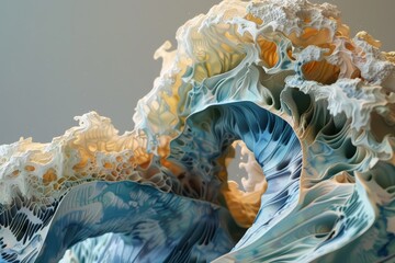 Poster - detailed view of a sculpture blending blue and yellow colors with intricate designs, blend organic a
