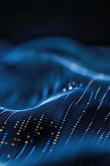 Poster - Modern shiny blue black moving neon lines on dark background. Glowing wave on a dark background. Neon wave. Futuristic background. Texture of silk fabric in the form of a wave. Copy space.