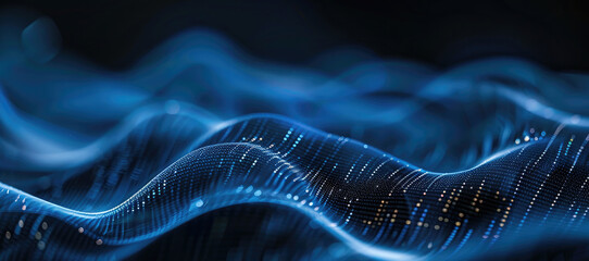 Poster - Modern shiny blue black moving neon lines on dark background. Glowing wave on a dark background. Neon wave. Futuristic background. Texture of silk fabric in the form of a wave. Copy space. Banner