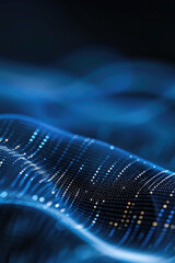 Poster - Modern shiny blue black moving neon lines on dark background. Glowing wave on a dark background. Neon wave. Futuristic background. Texture of silk fabric in the form of a wave. Copy space.