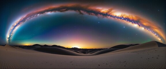 Wall Mural - astronomical illustration of a starry sky with a milky way and orange glow over desert sand dunes
