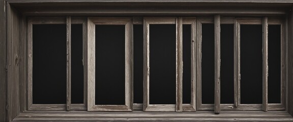 Collection of vintage wooden window frames in a haunted room