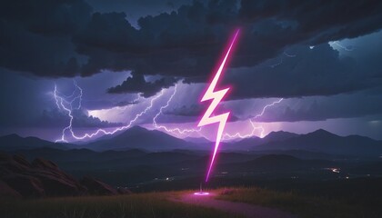 Wall Mural - fantasy night landscape with neon thunderbolt symbol, stormy clouds, and rocky mountains glowing aga