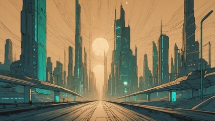 Wall Mural - Futuristic retro style sketch illustration cityscape style