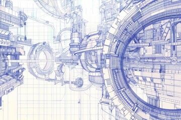 Poster - Detailed blueprint of a machine room layout with machinery, pipes, and labels for construction planning, Blueprint illustration of a complex mechanical structure