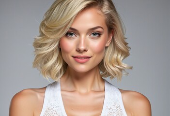 Wall Mural - Beautiful Caucasian female model with bright, glowing skin and a youthful, cheerful expression in a modern, commercial headshot against a white background