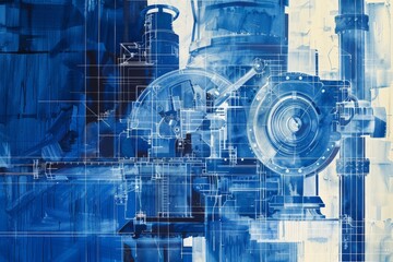 Poster - A detailed blueprint illustration showcasing a complex mechanical structure in shades of blue and white, Blueprint illustration of a complex mechanical structure