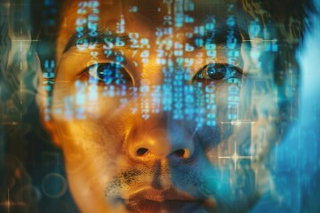 Poster - a mans face is centered in front of a digital background, merging human and machine elements seamles