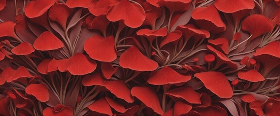 Soft textured wallpaper illustration of isolated red mushroom flower petals on a white background, creating an organic floral structure