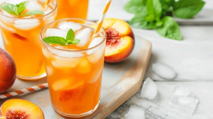 A glass of orange juice with ice cubes and a slice of peach on a wooden tray. The tray is placed on a marble countertop