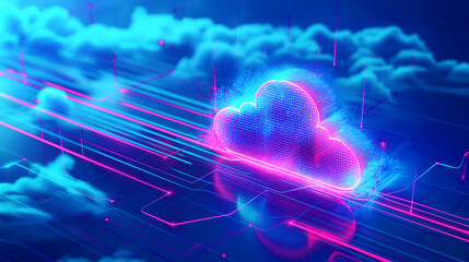 Sticker - Vibrant digital illustration depicting a cloud computing concept with neon lights and futuristic tech elements.