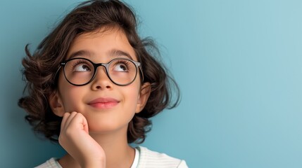 A young girl wearing glasses is looking up at the sky. Concept of curiosity and wonder, as the girl's gaze is directed towards the unknown. The blue background adds a calming