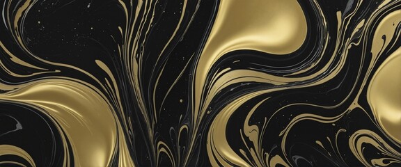 Wall Mural - Elegant generative structure of waving patterns in black marble paint with gold swirls - A creative and luxurious abstract textured wallpaper design