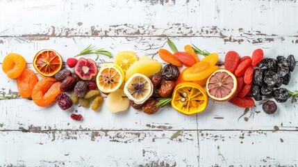 Canvas Print - Assorted dried fruits on a weathered white wooden table